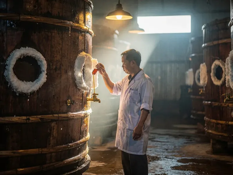Rows of wooden fermentation vats in a fish sauce production hall