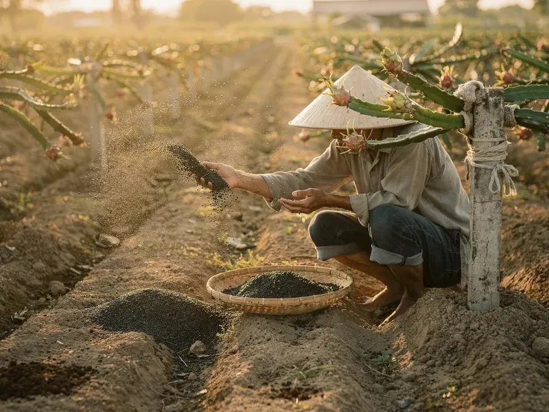 A grower spreading dark granules along a planting row in a dragon fruit orchard