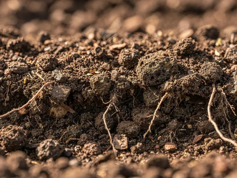 Close-up of dark crumbly topsoil threaded with fine roots