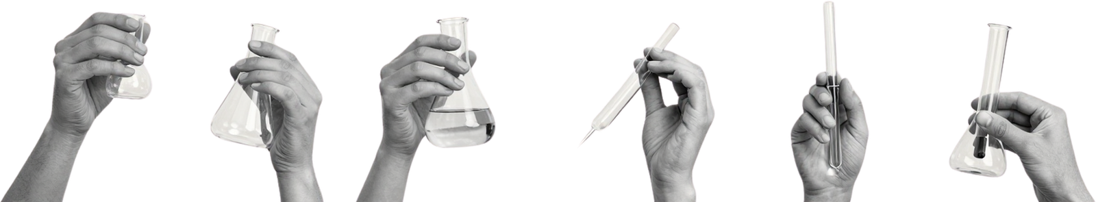 Six hands holding laboratory flasks, test tubes, and a pipette