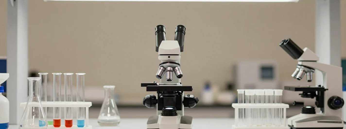 Two microscopes and glassware on a laboratory bench