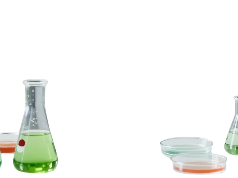Potted plants beside flasks of green and clear liquid