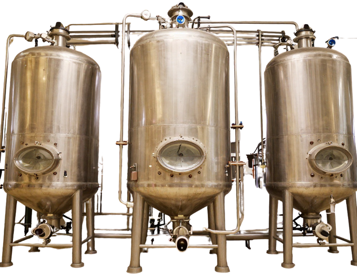 Three stainless steel fermentation vessels seen from the front